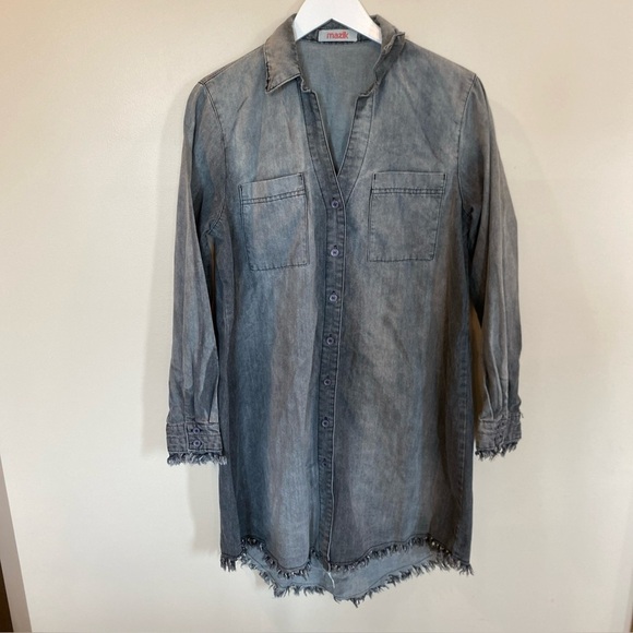 Mazik Gray Denim Dress Long Sleeve Womens Medium Frayed Hem Pockets - Picture 1 of 5